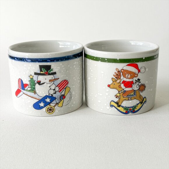 Mikasa Christmas Votive Candle Holder Set Teddy Bear Santa on Reindeer & Snowman - Picture 1 of 8